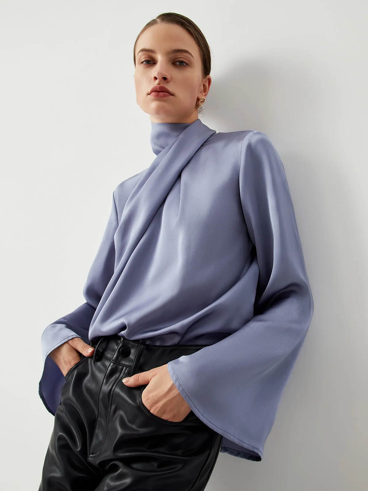 Asymmetric Pleated Graceful Turtleneck Satin Shirt