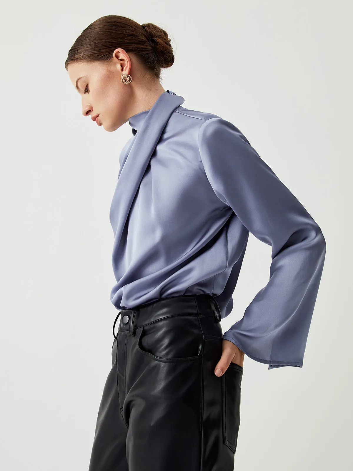 Asymmetric Pleated Graceful Turtleneck Satin Shirt