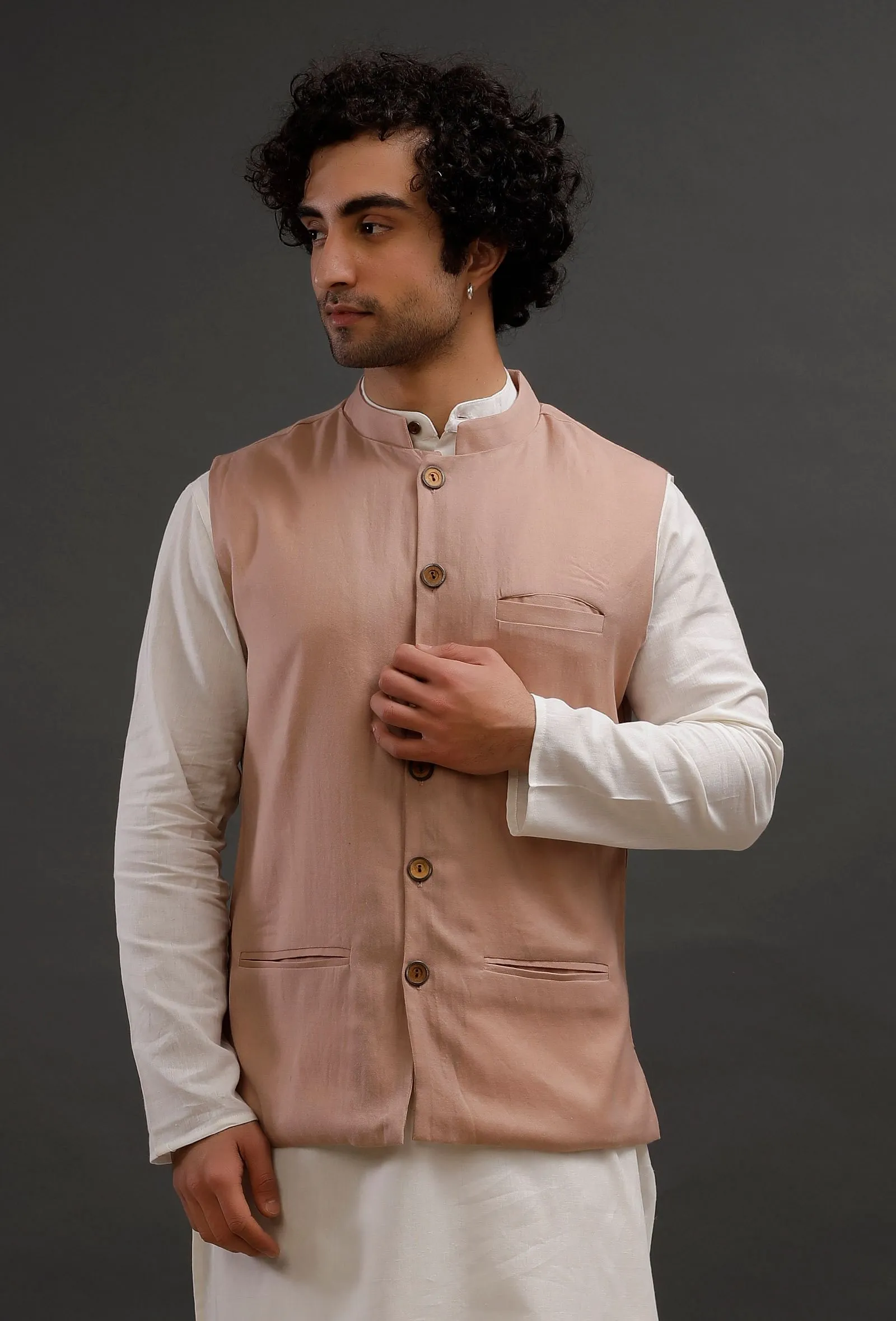 Beige Woollen Blend Nehru Jacket