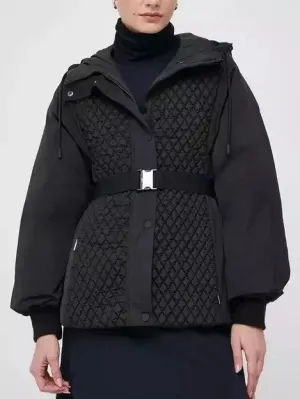 Belted Diamond-Quilted Hooded Balloon-Sleeve Jacket