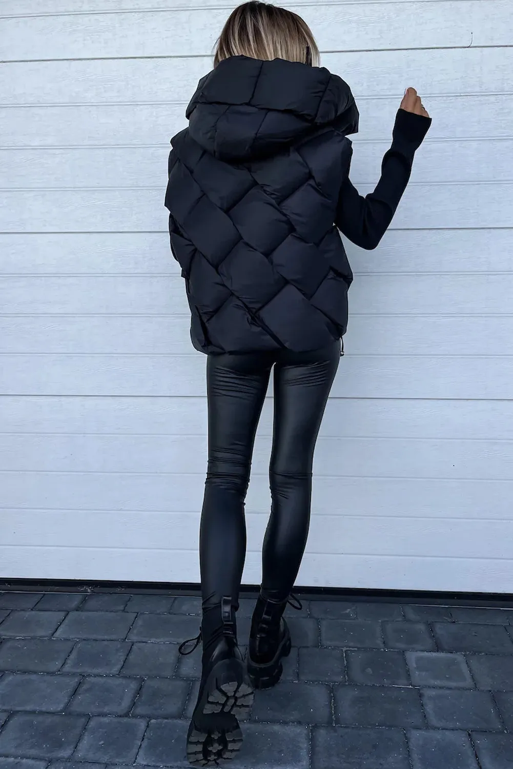 Black Quilted Zipper Front Hooded Vest Coat