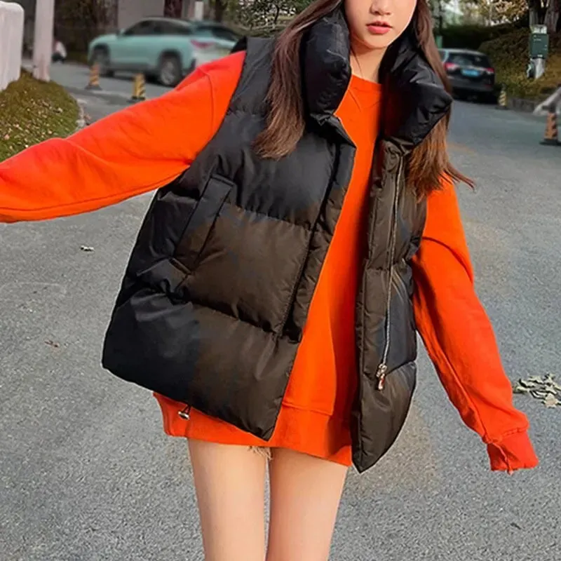 Bonnyshow Autumn Winter Y2K Vest Women Thick Warm Down Vest Harajuku Loose Jacket Casual Outerwear Short Waistcoat Windproof Vest Coats