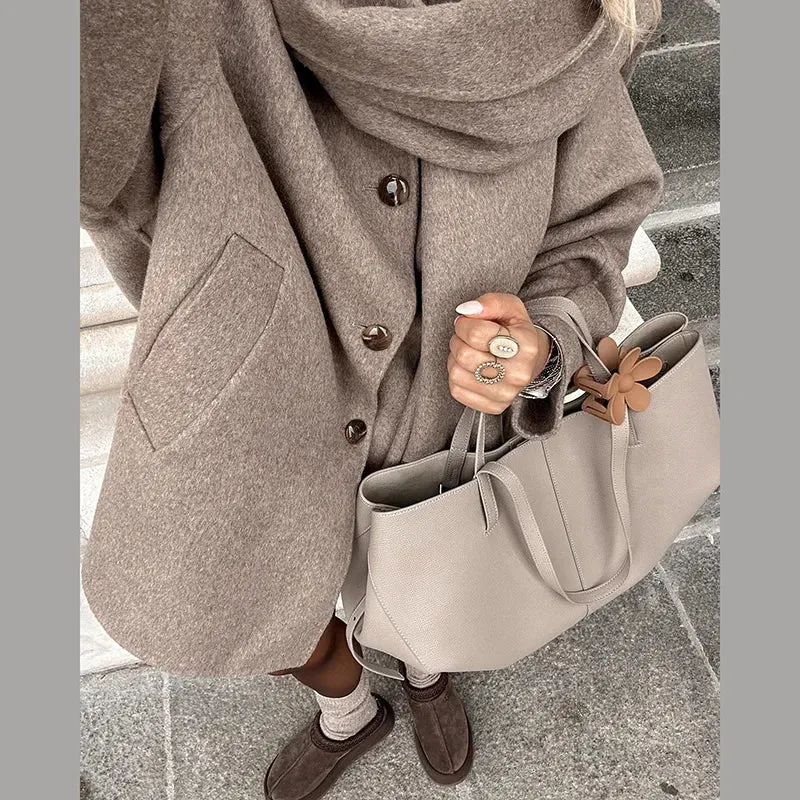 Bonnyshow Fashion Retro Solid Color Women's Coat Scarf Collar Single Breasted Casual Loose Coats Winter Warm Windproof Ladies Overcoat