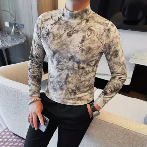 Bonsir High Quality Flannel Print T-Shirts Men Autumn Winter New Vintage Half High Collar Slim Fit Casual Tees Men Clothing 4XL-M