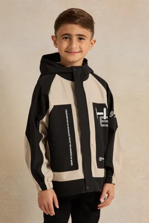 Boys Black And Beige Hooded Zip-Through Jacket