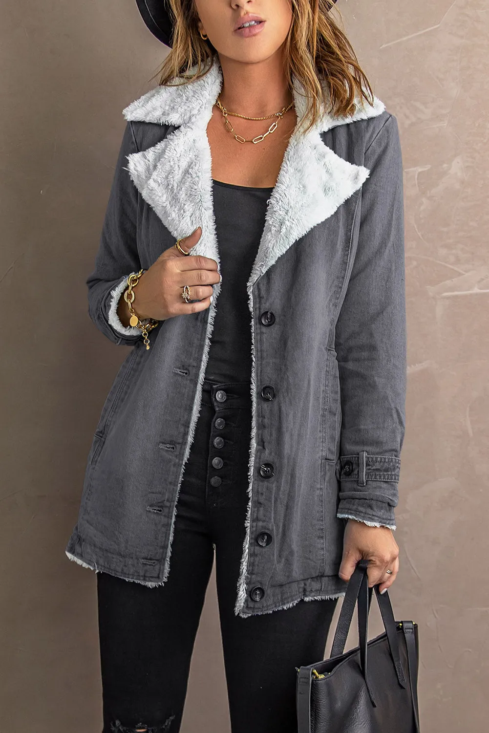 Button-Front Denim Jacket with Sherpa Collar