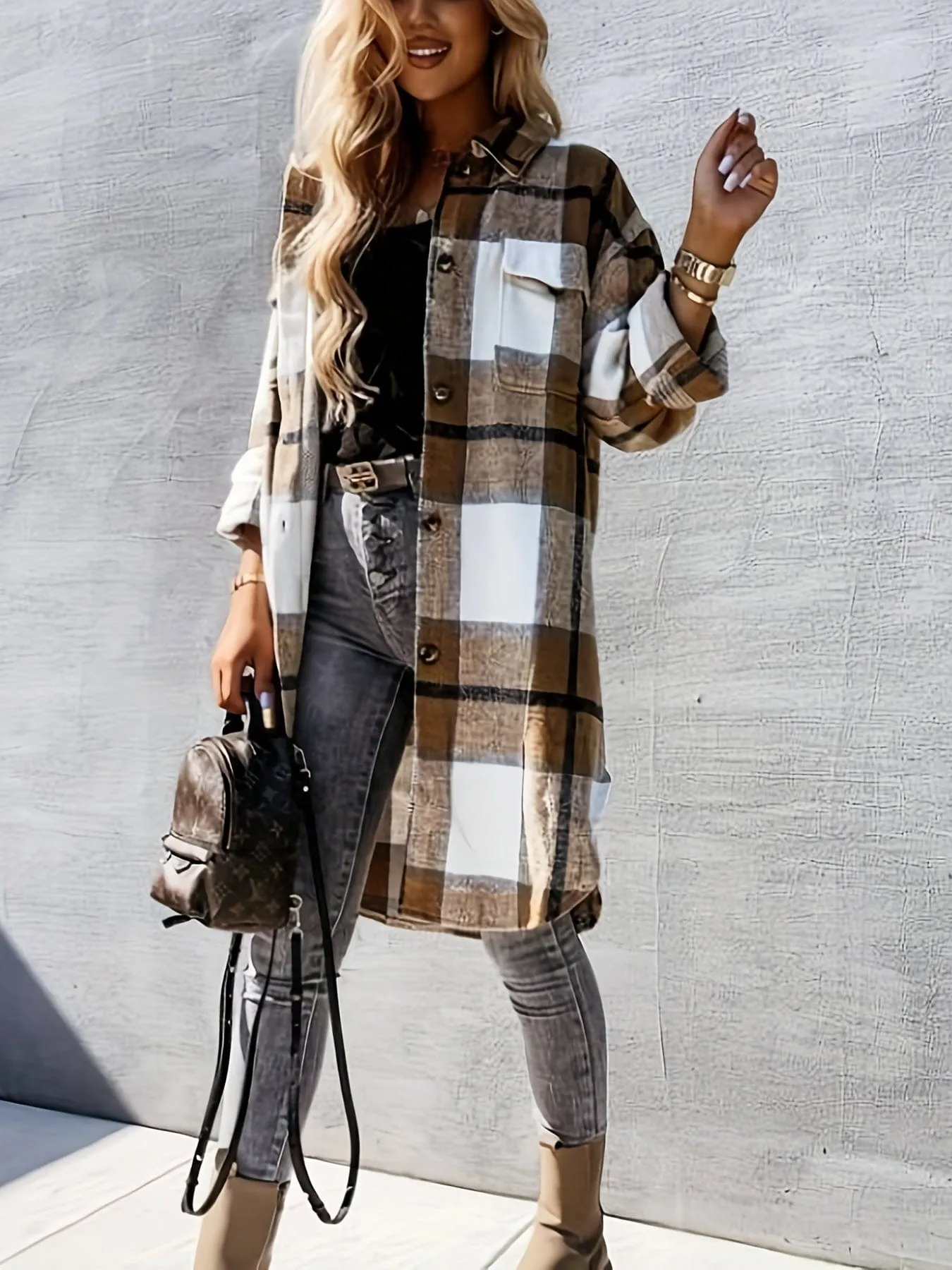 Button-Front Plaid Jacket