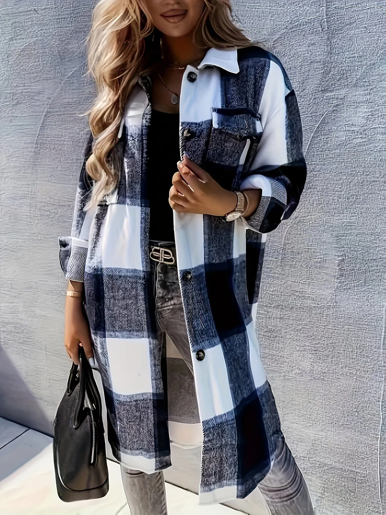 Button-Front Plaid Jacket