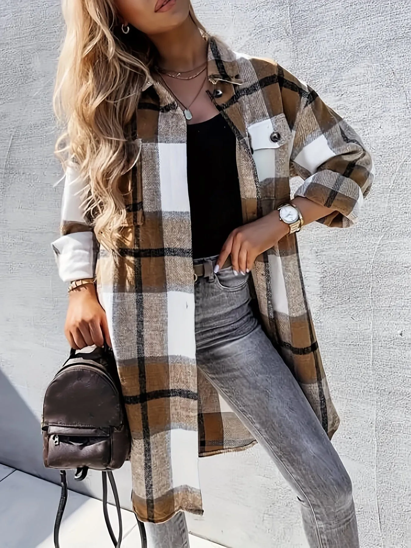 Button-Front Plaid Jacket