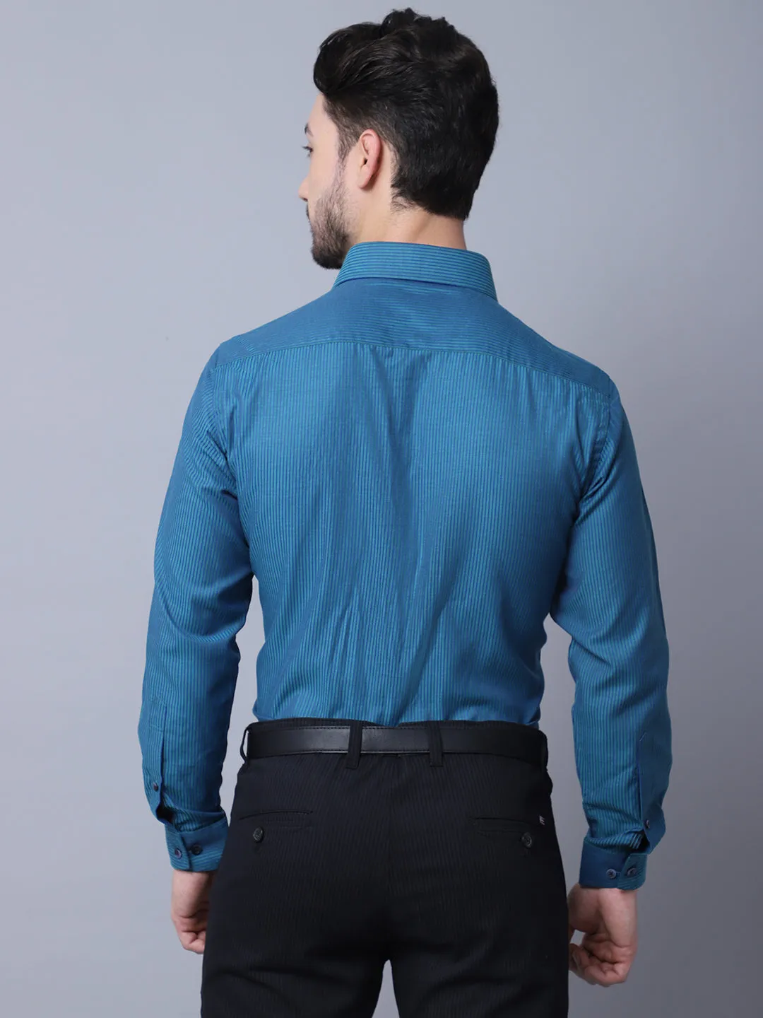 Cotton Blend Striped Turquoise Blue Full Sleeve Regular Fit Formal Shirt for Men with Pocket