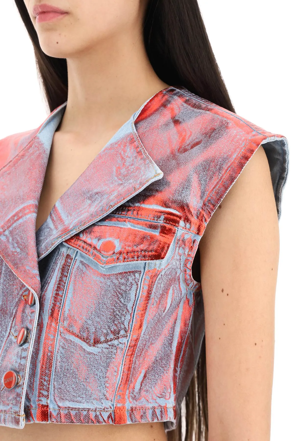 cropped vest in laminated denim