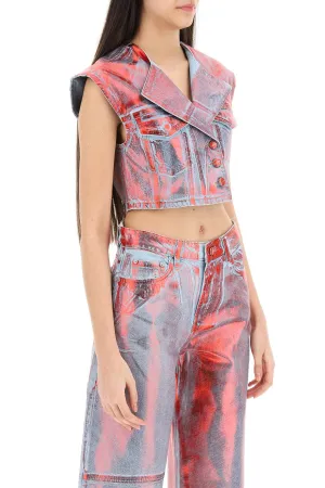 cropped vest in laminated denim