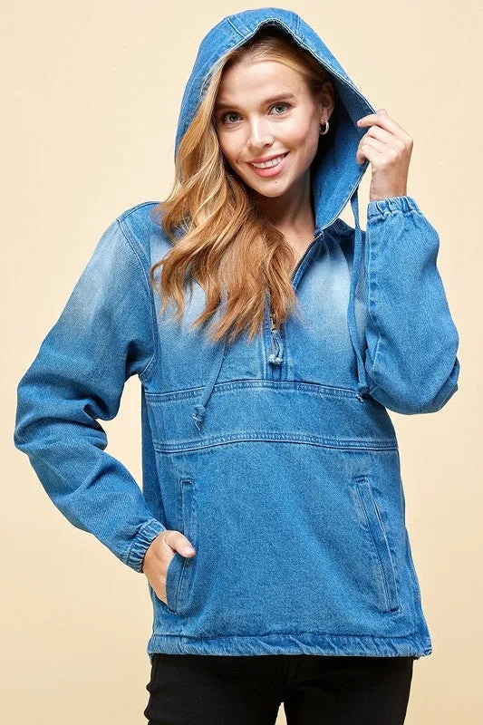 DENIM HOODIE HALF ZIPPER CLOSER