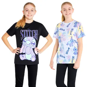 Disney Stitch Girls Crew Neck T-Shirts, Soft Breathable Pack of 2 - Stitch Gifts