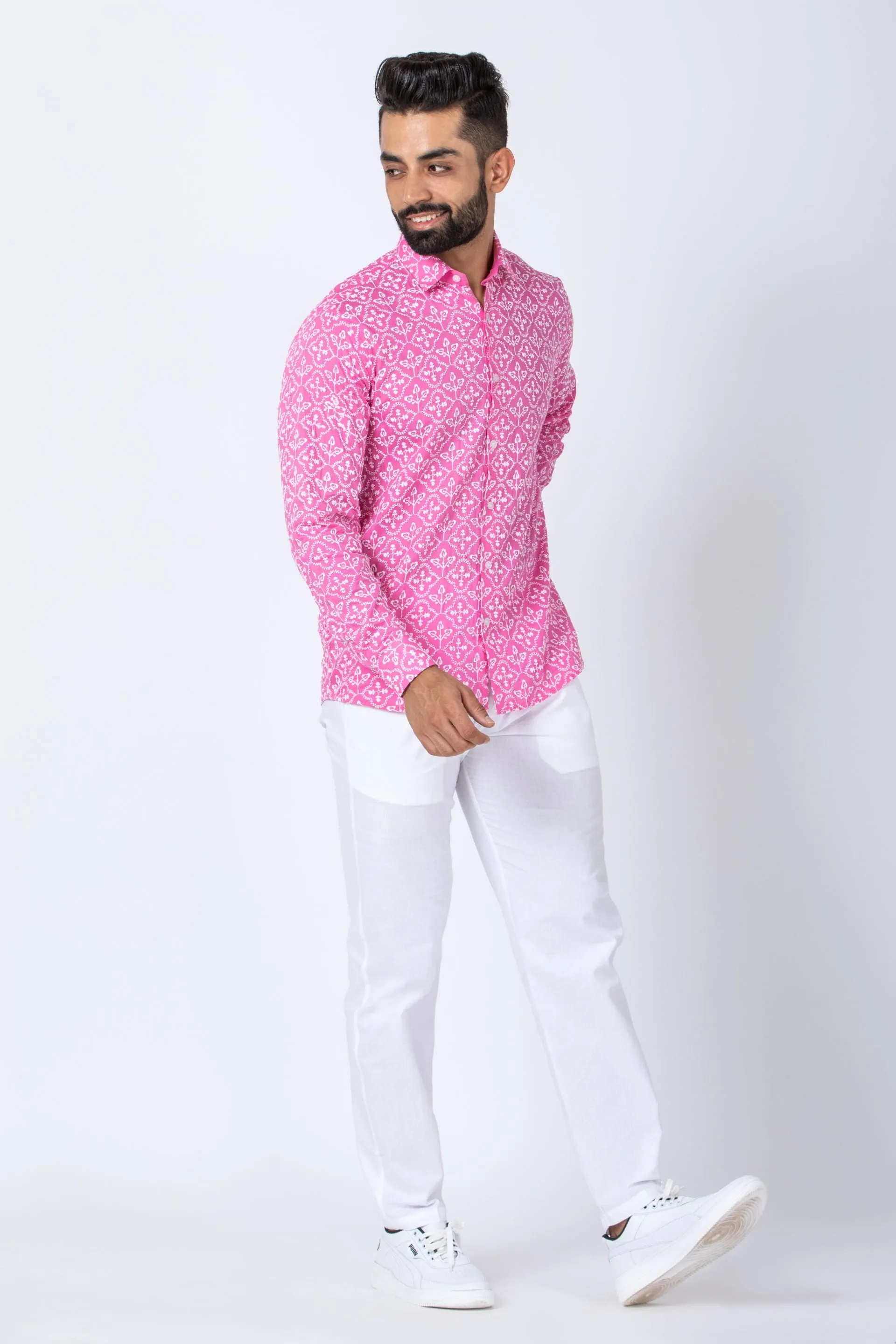 Firangi Yarn Super Soft Full Sleeves Chikankari Schiffli Embroided Men's Shirt - Bubble Pink