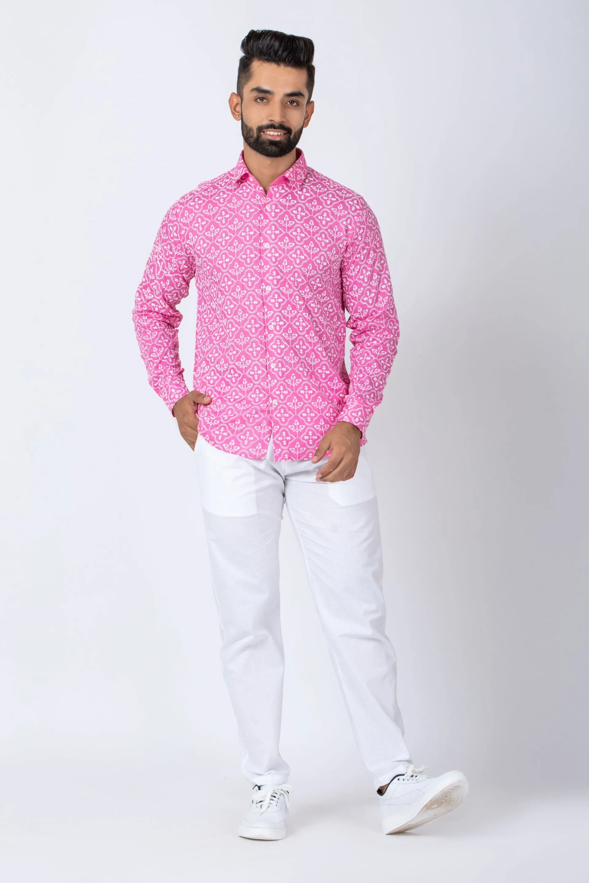 Firangi Yarn Super Soft Full Sleeves Chikankari Schiffli Embroided Men's Shirt - Bubble Pink