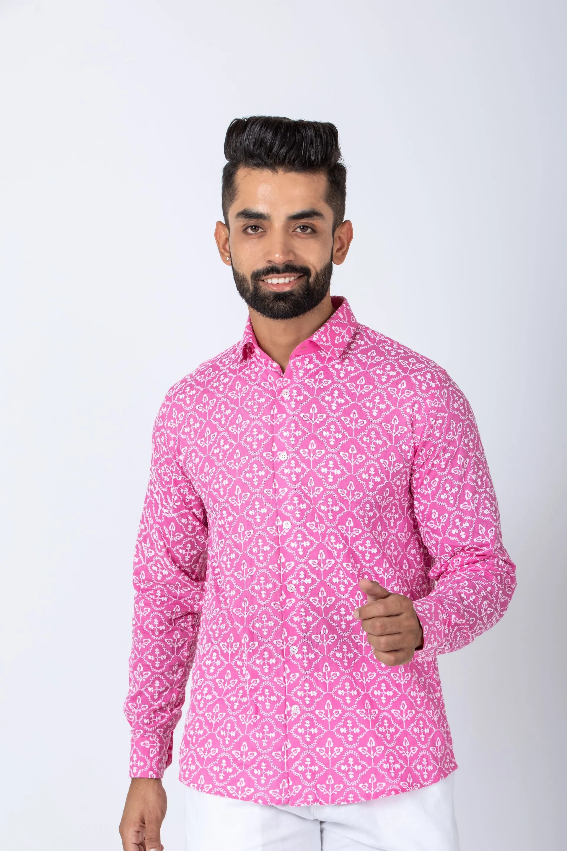 Firangi Yarn Super Soft Full Sleeves Chikankari Schiffli Embroided Men's Shirt - Bubble Pink