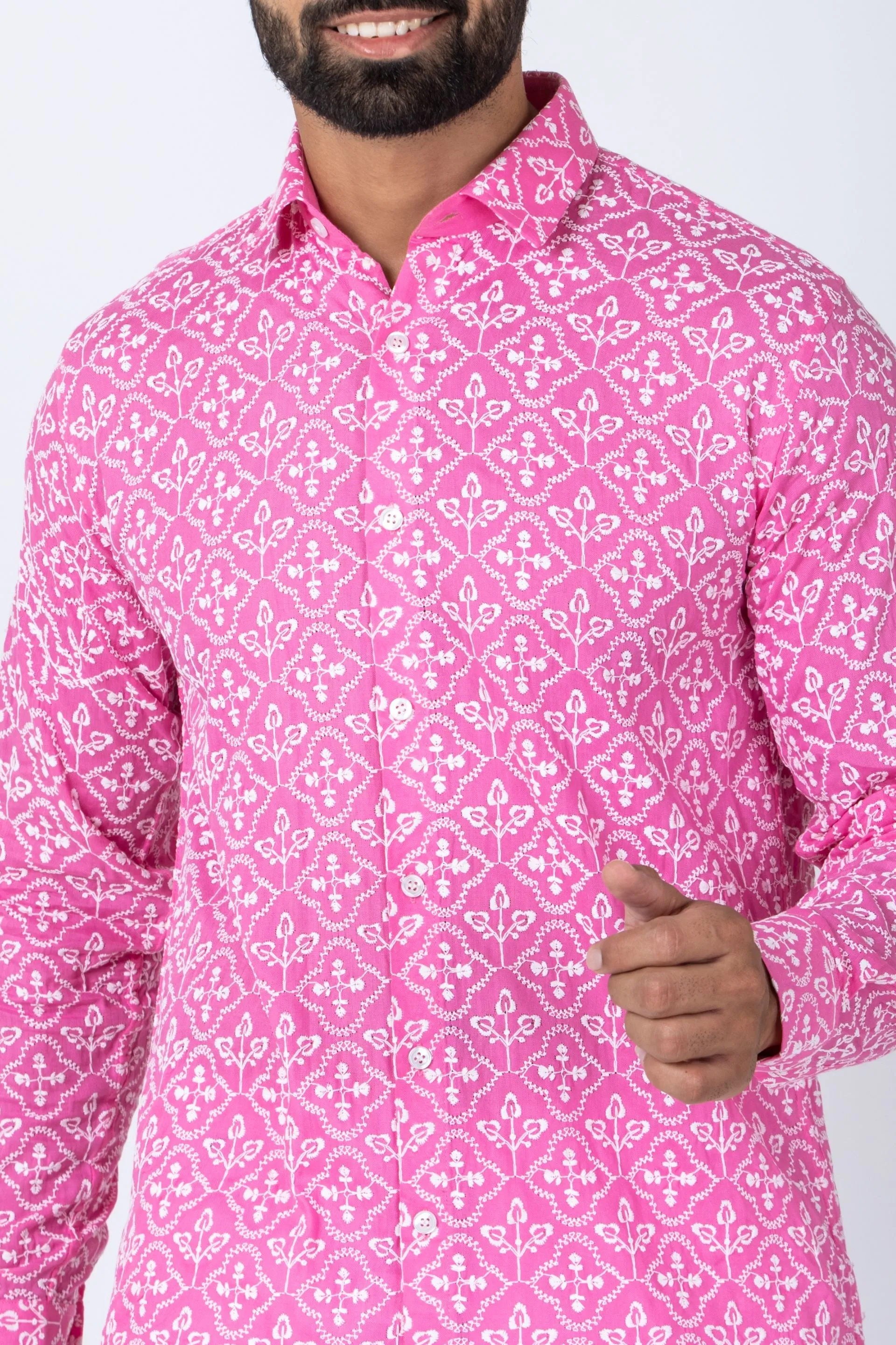 Firangi Yarn Super Soft Full Sleeves Chikankari Schiffli Embroided Men's Shirt - Bubble Pink