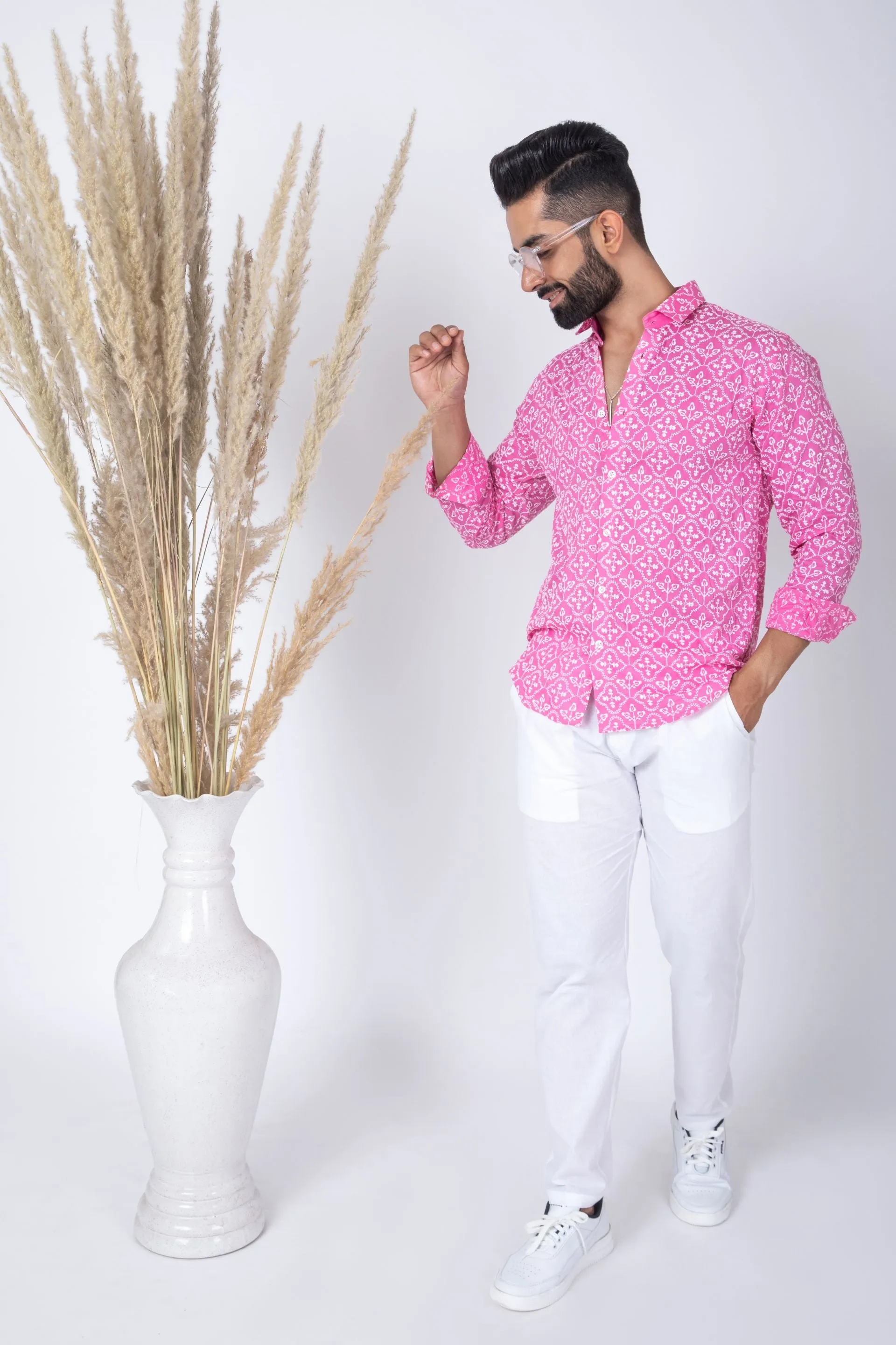 Firangi Yarn Super Soft Full Sleeves Chikankari Schiffli Embroided Men's Shirt - Bubble Pink