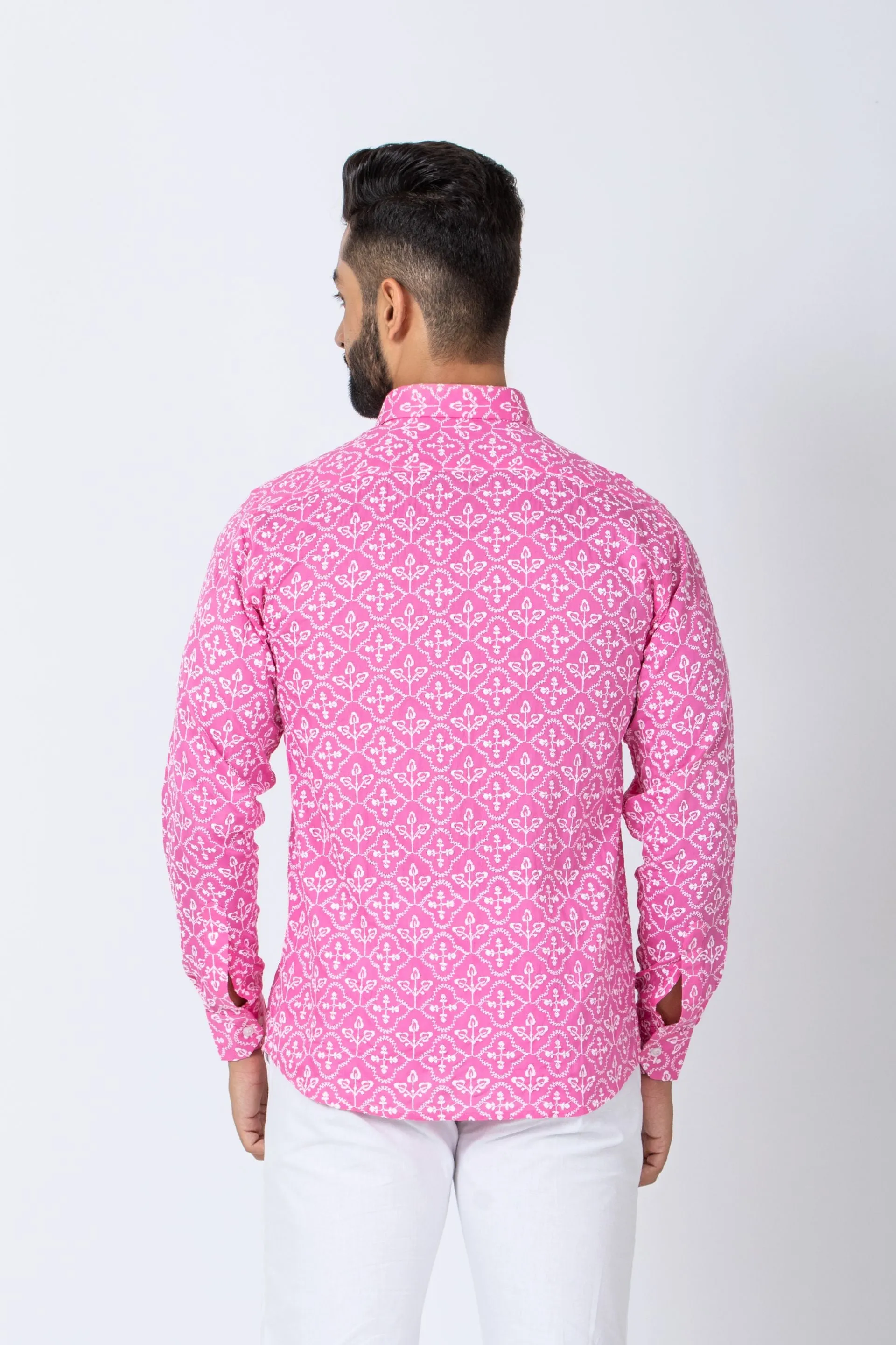 Firangi Yarn Super Soft Full Sleeves Chikankari Schiffli Embroided Men's Shirt - Bubble Pink