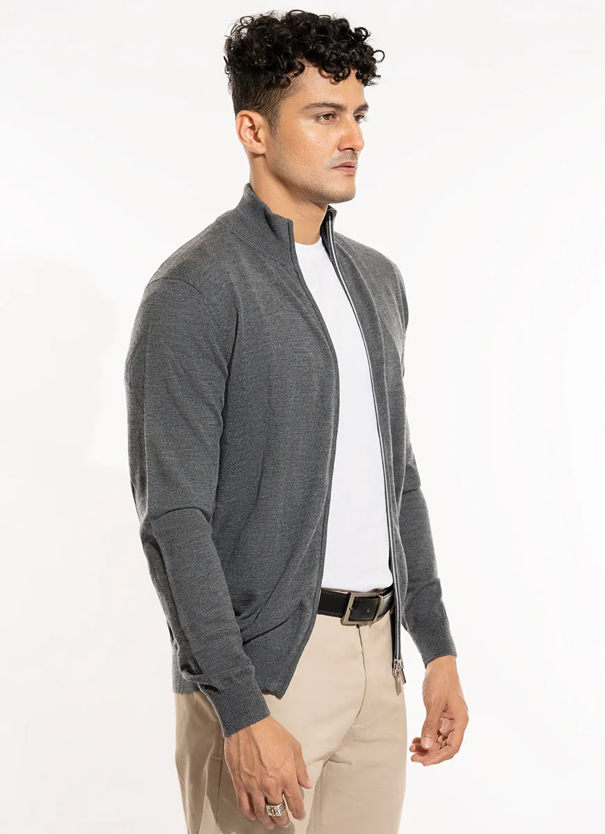 Full Zip Sweater - Merino Wool Grey Plain