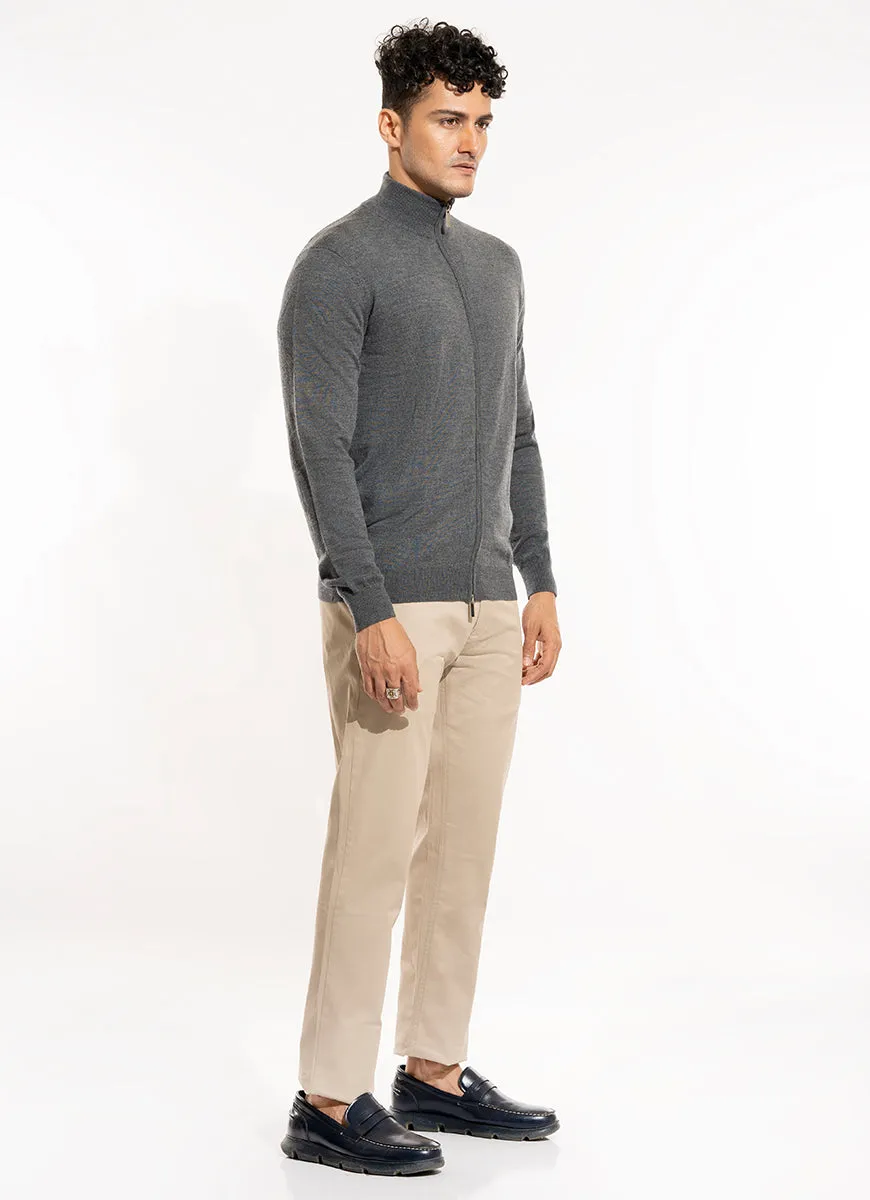 Full Zip Sweater - Merino Wool Grey Plain