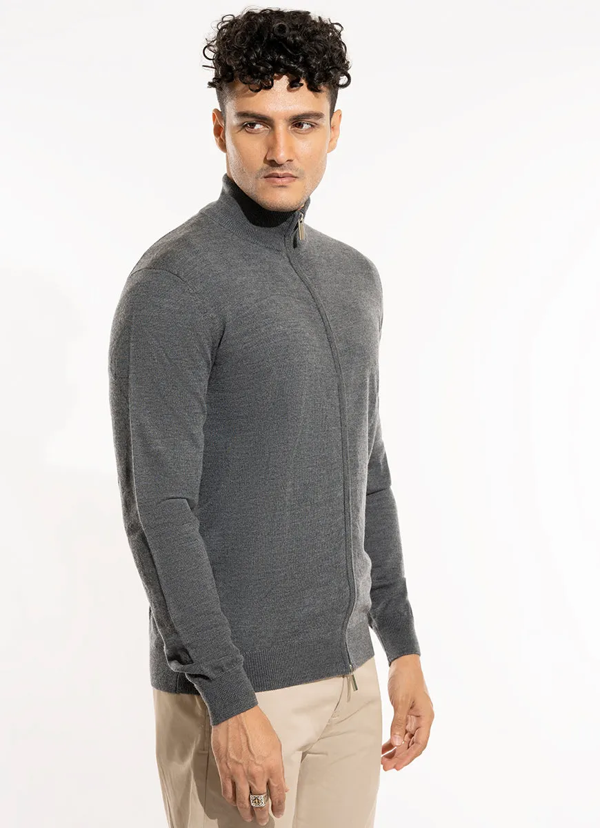 Full Zip Sweater - Merino Wool Grey Plain