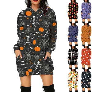 Halloween Print Long Hoodie with Pockets | Cozy Women's Sweater for Spooky Season