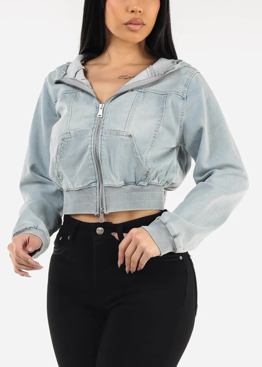 Hooded Zip Up Denim Jacket Light Wash