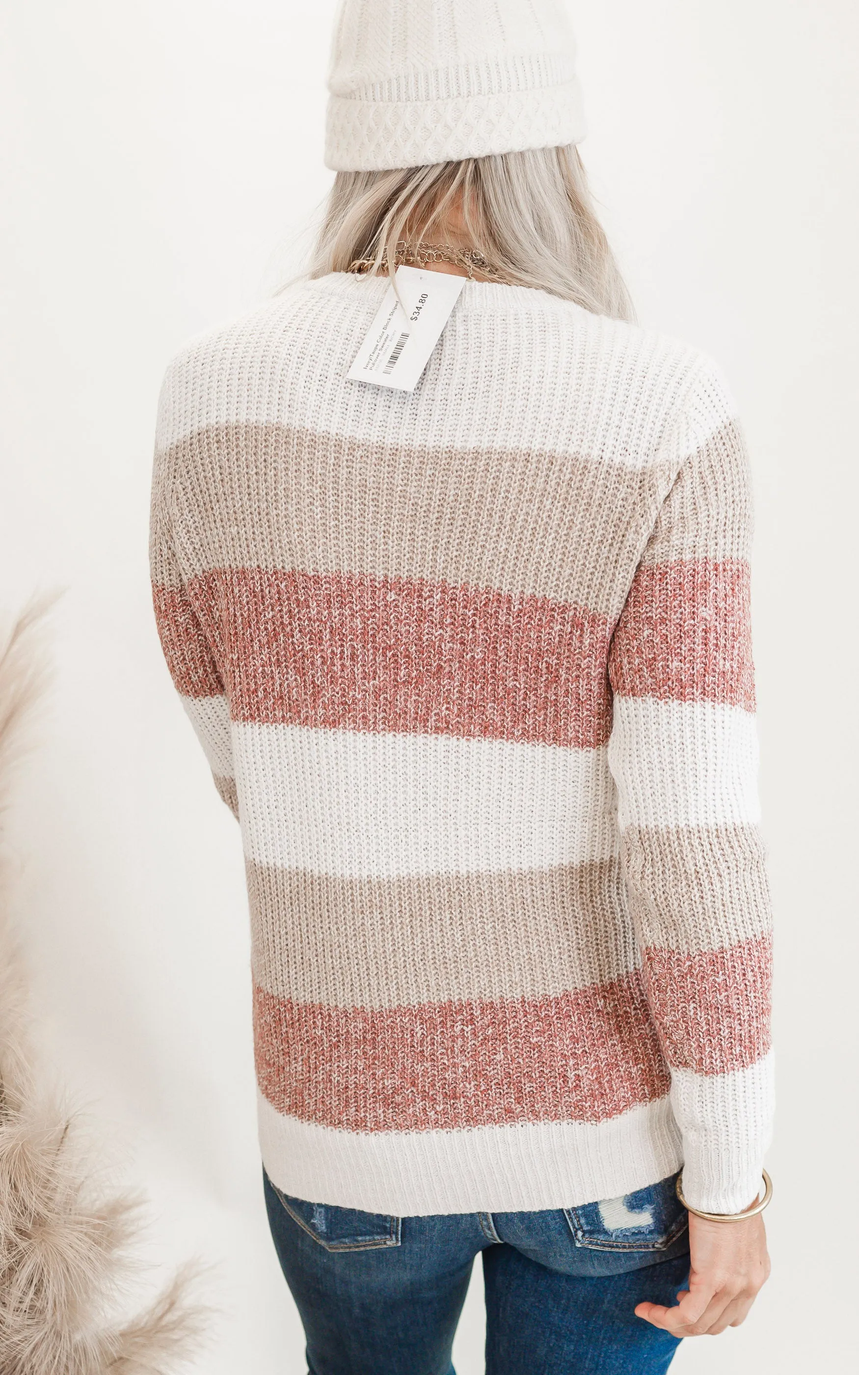 Ivory/Taupe Color Block Striped Pullover Sweater