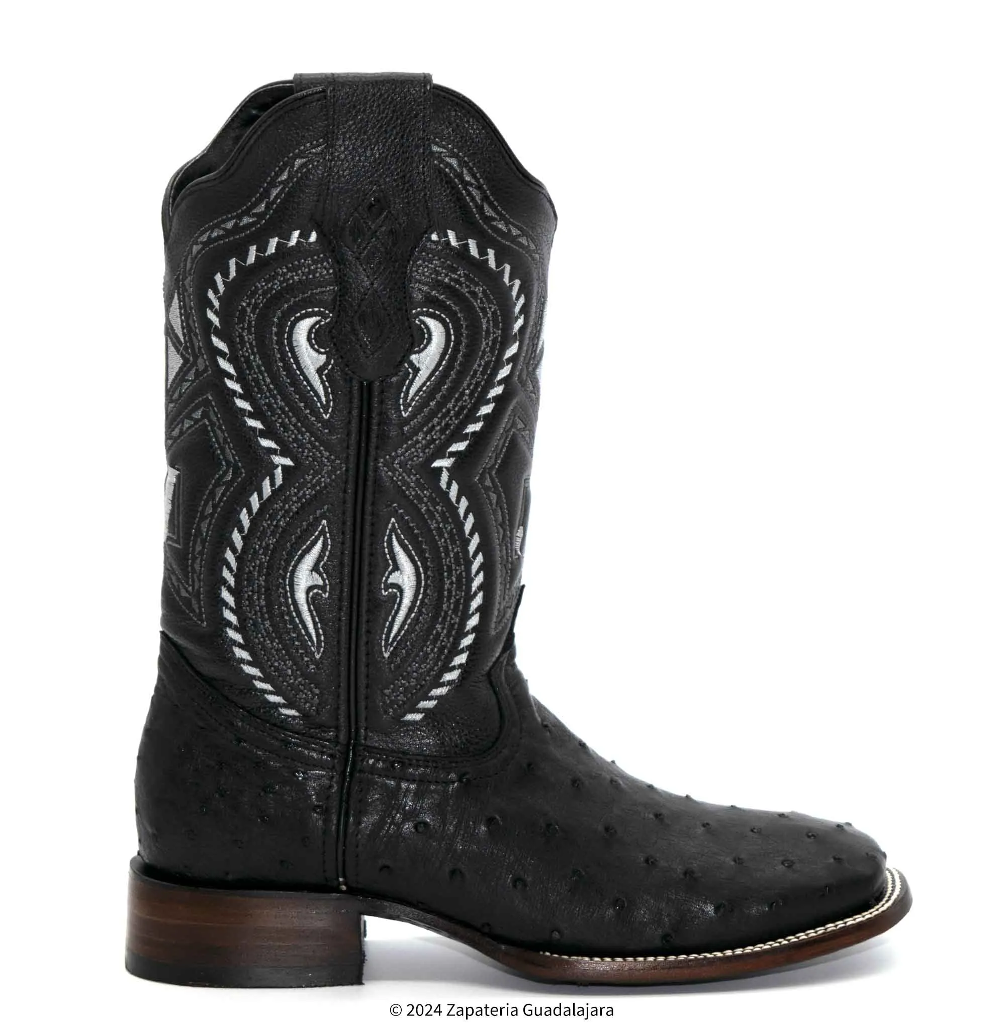 JB703 MEN WIDE SQUARE TOE OSTRICH BLACK BOOT