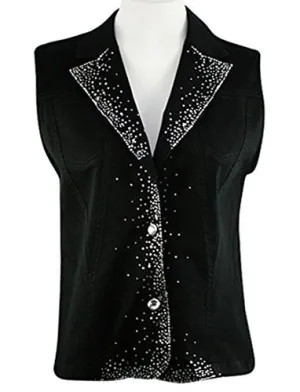 Katina Marie Crystal Trim Sleeveless Rhinestone Button Front Black Denim Vest