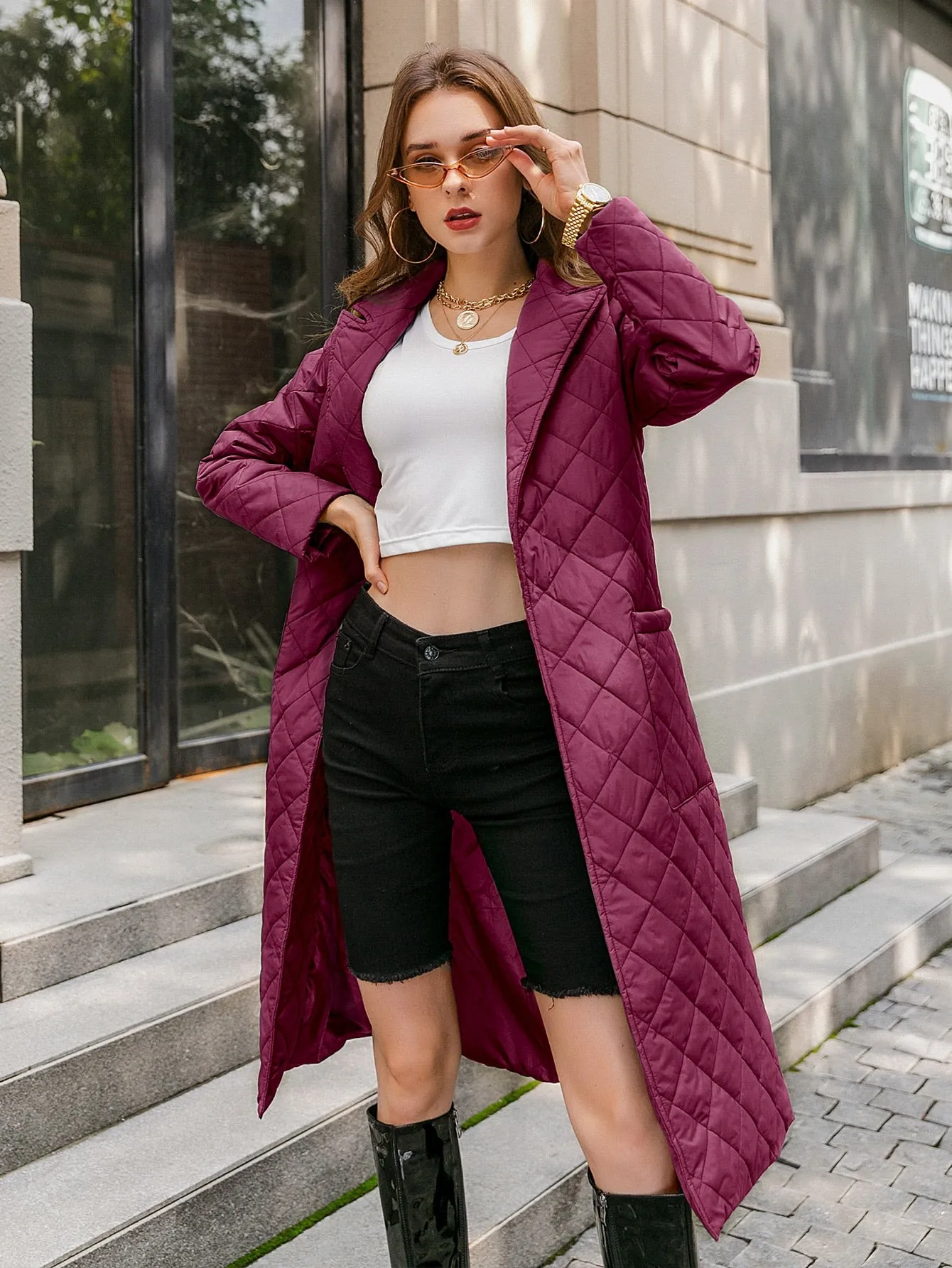 Long straight winter coat with rhombus pattern Casual sashes women parkas Deep pockets tailored collar stylish outerwear