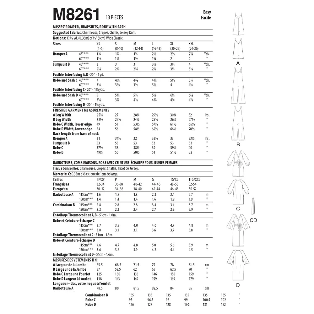 M8261 Misses' Romper, Jumpsuit, Robe with Sash