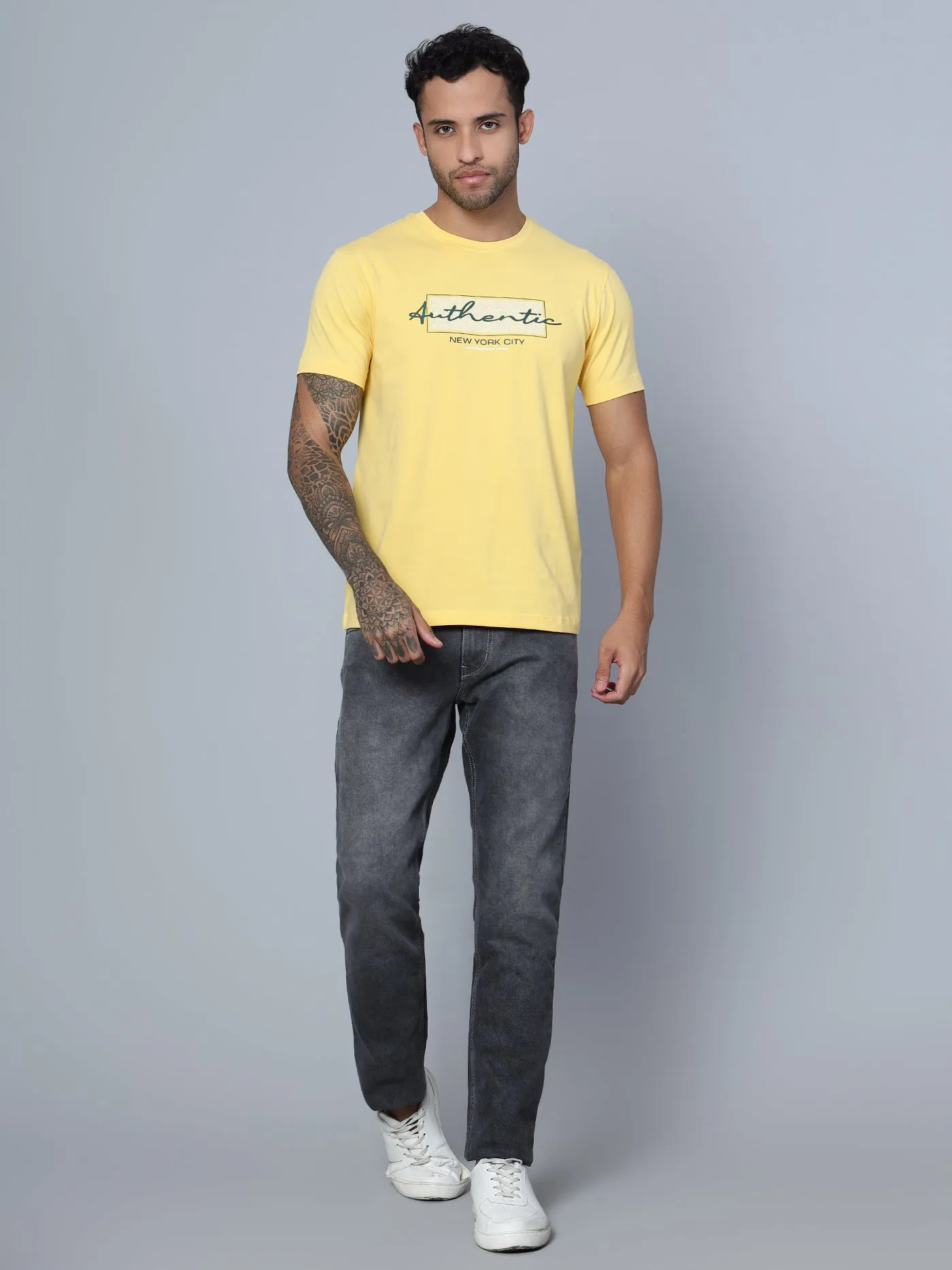 Men Round Neck Yellow T-Shirt