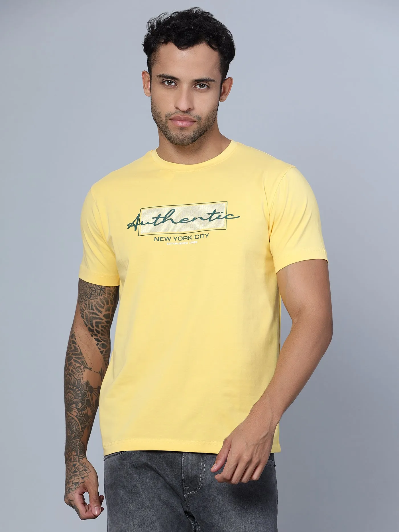 Men Round Neck Yellow T-Shirt