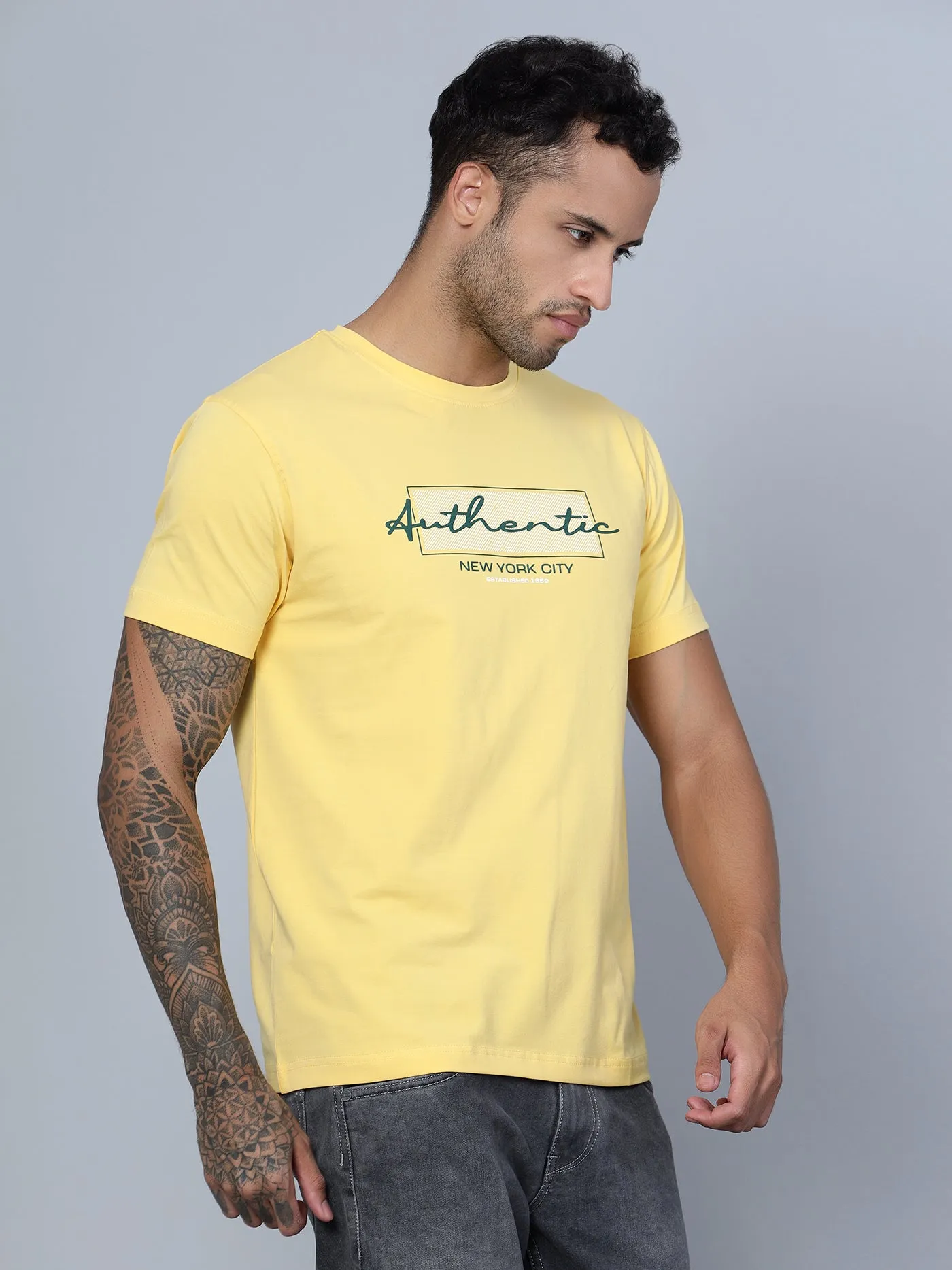 Men Round Neck Yellow T-Shirt