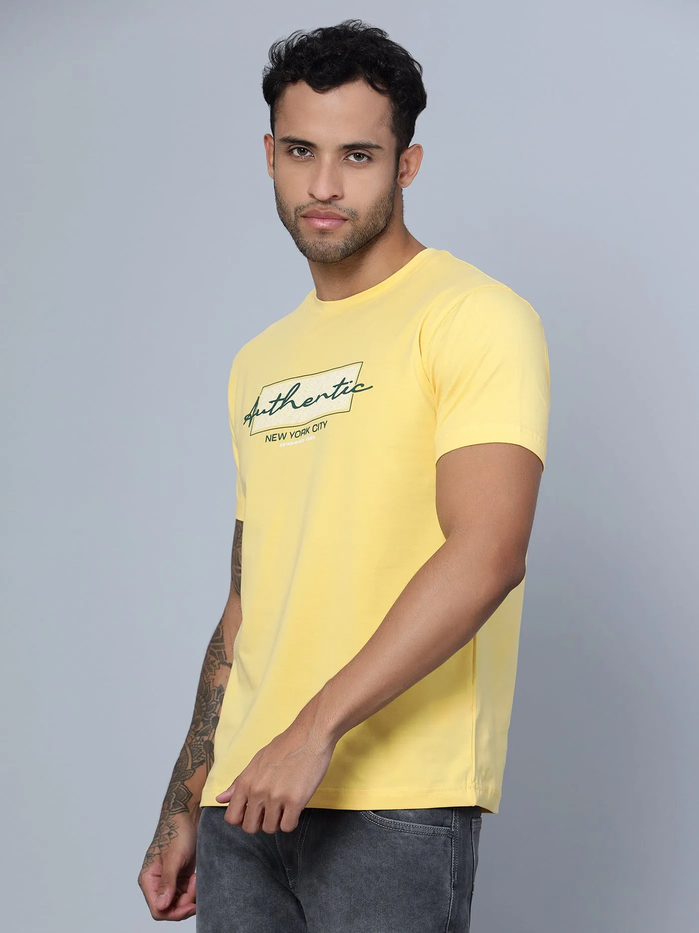 Men Round Neck Yellow T-Shirt