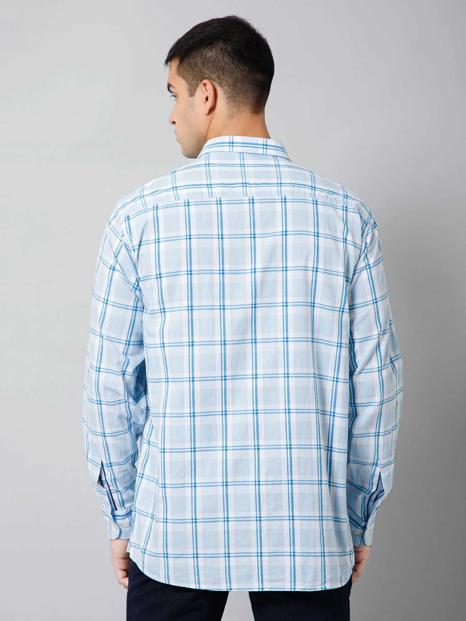 Men's Aqua Blue Casual Big Checks Full Sleeve Shirt