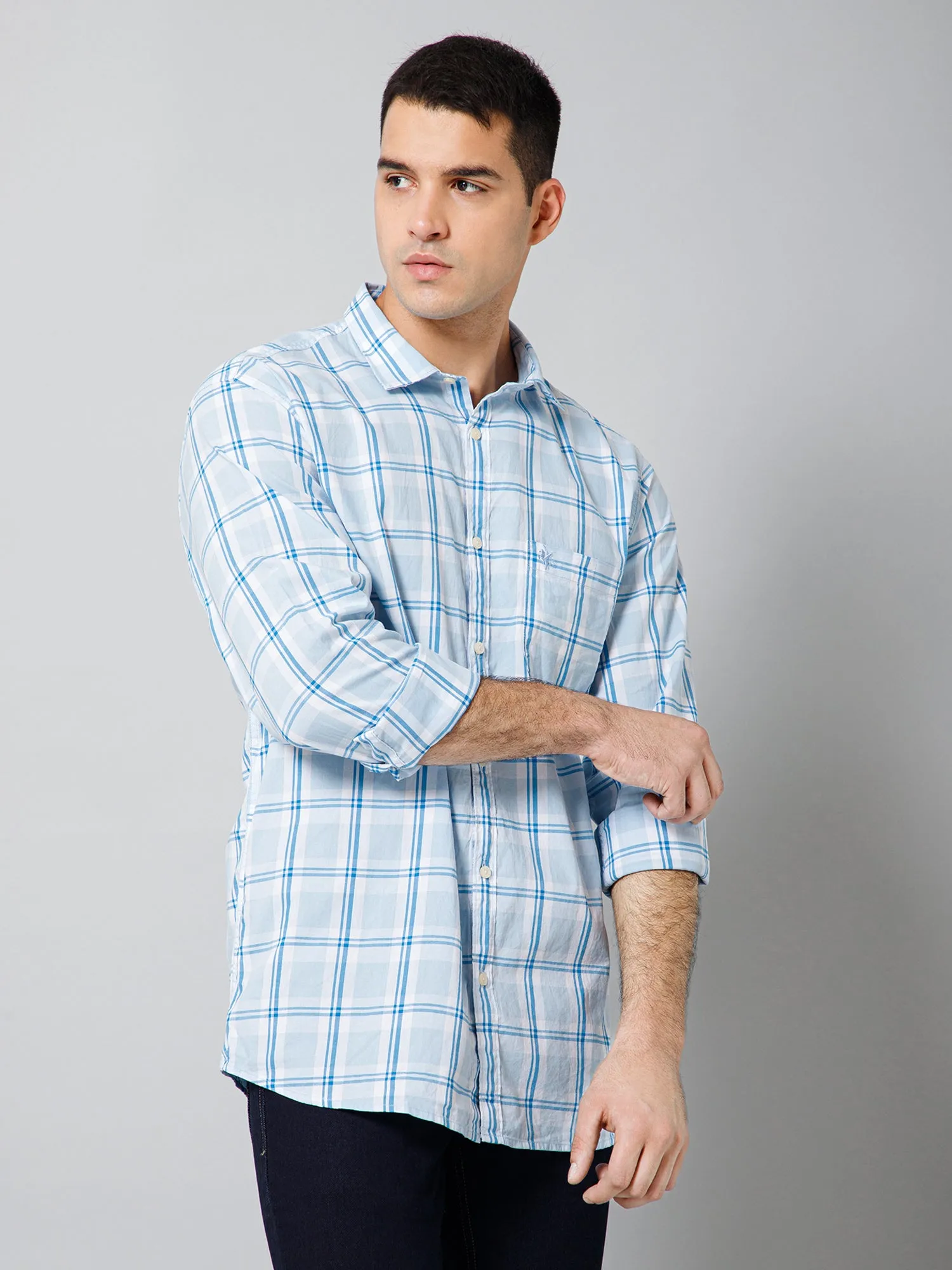 Men's Aqua Blue Casual Big Checks Full Sleeve Shirt