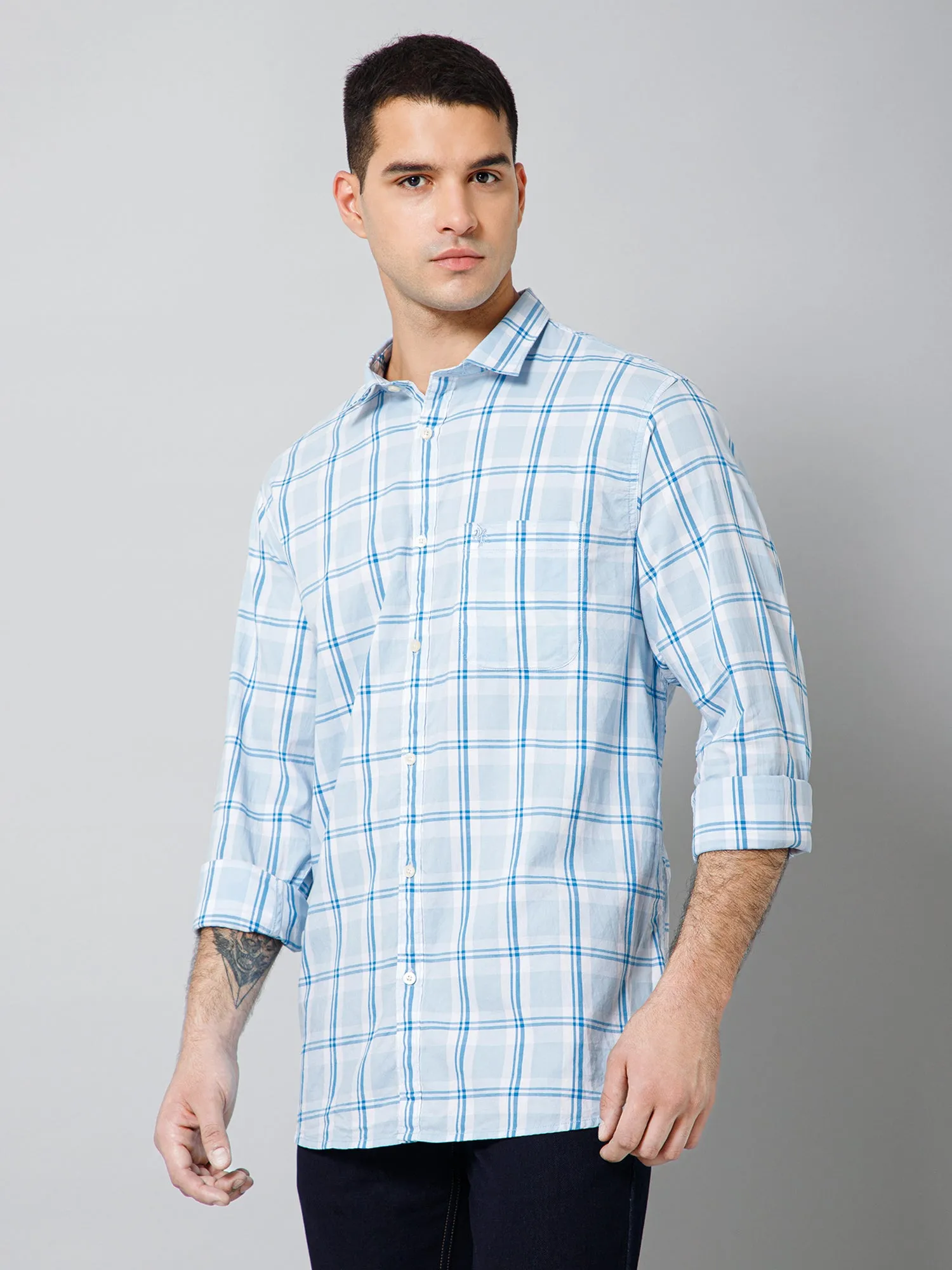 Men's Aqua Blue Casual Big Checks Full Sleeve Shirt