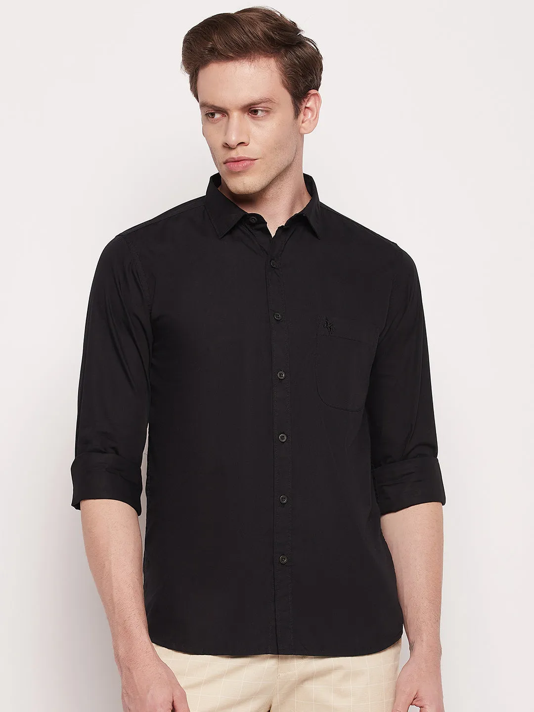 Men's Black Casual Plain Full Sleeve Shirt