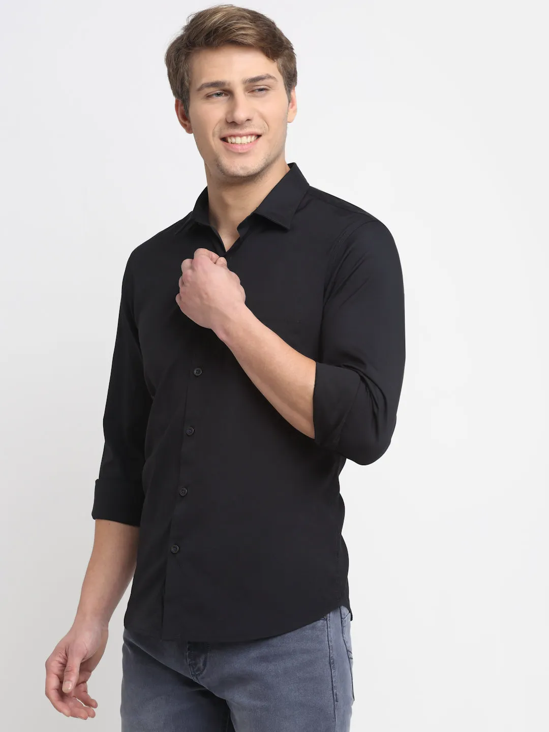 Men's Black Casual Plain Stretch Full Sleeve Shirt