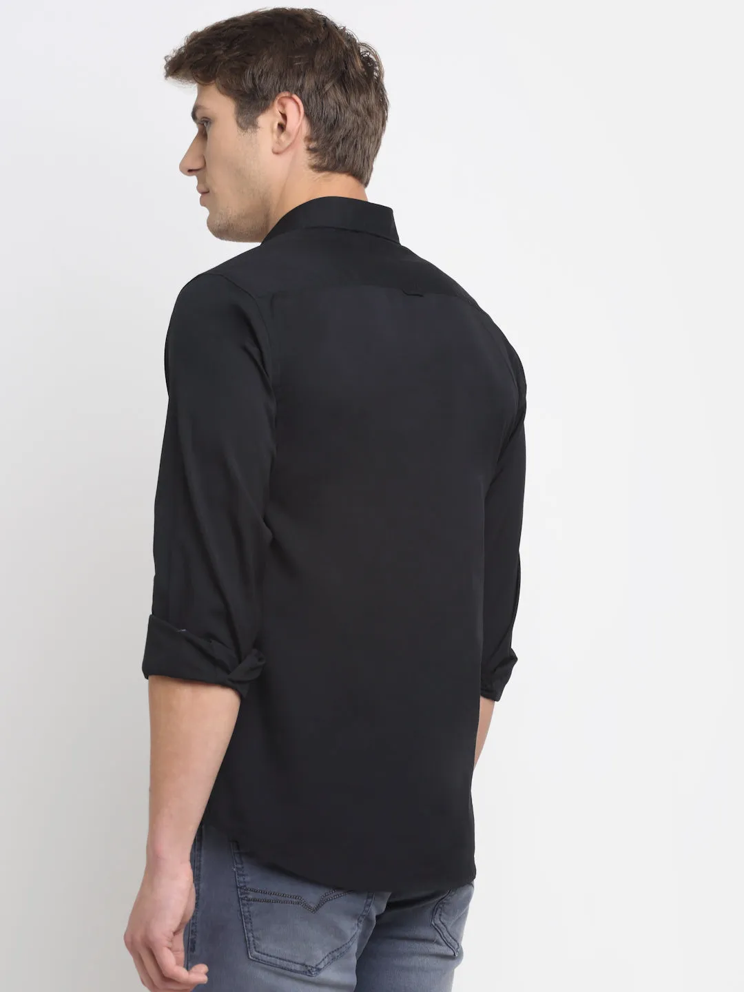 Men's Black Casual Plain Stretch Full Sleeve Shirt