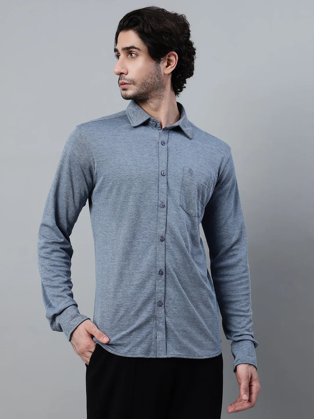 Men's Blue Melange Casual Knit Self Textured Full Sleeve Shirt