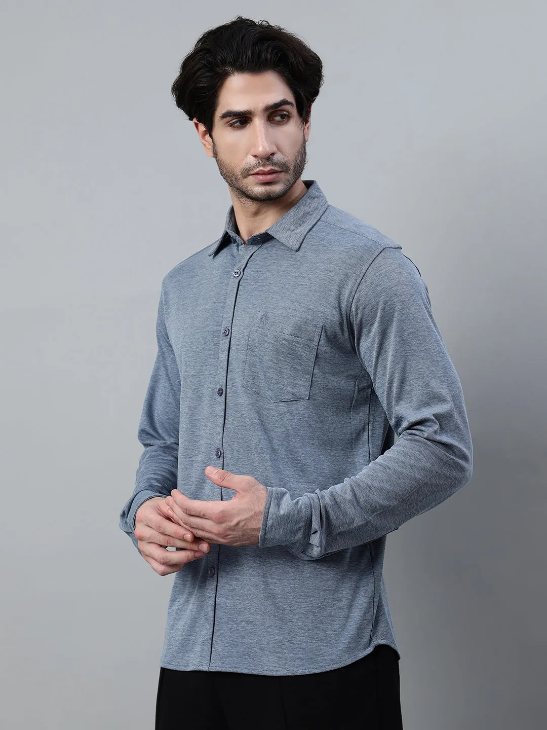 Men's Blue Melange Casual Knit Self Textured Full Sleeve Shirt