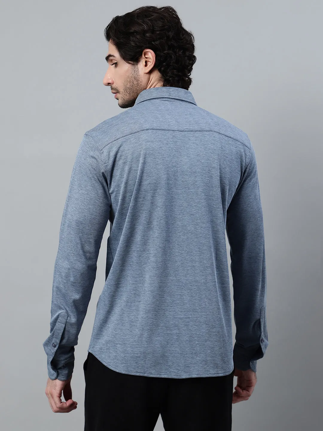 Men's Blue Melange Casual Knit Self Textured Full Sleeve Shirt