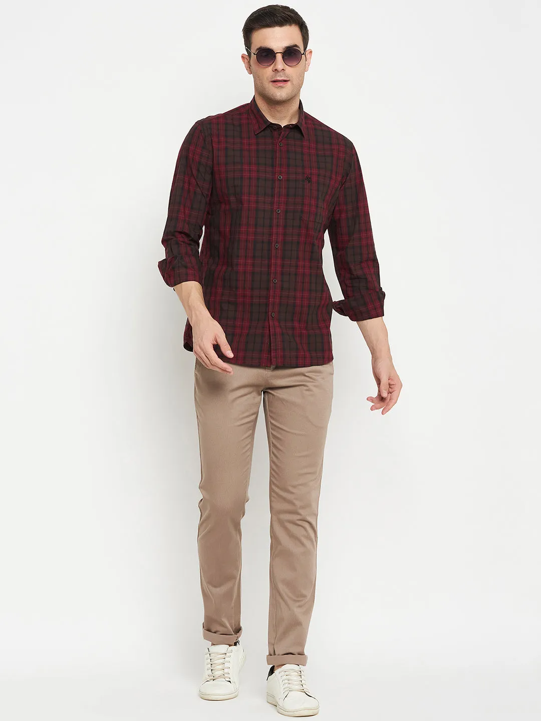 Men's Dark Red Casual Big Checks Full Sleeve Shirt