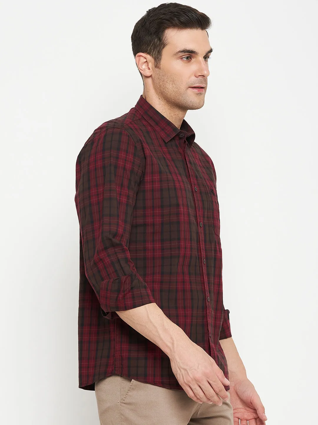 Men's Dark Red Casual Big Checks Full Sleeve Shirt