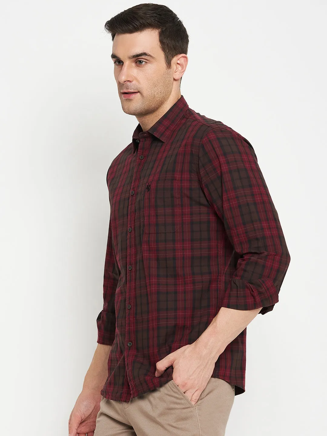 Men's Dark Red Casual Big Checks Full Sleeve Shirt